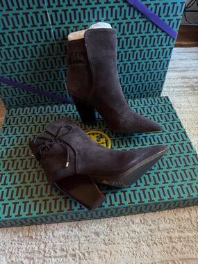 Tory Burch Lila Dark Gray Suede Pointed Toe Ankle Bootie